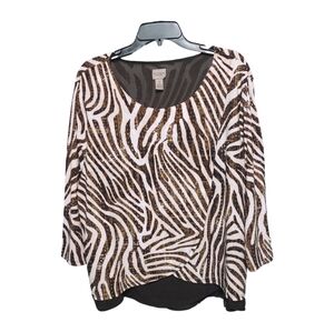 Chico's Brown Zebra Long Sleeve Round Neck Top Blouse Women Size Extra Large XL